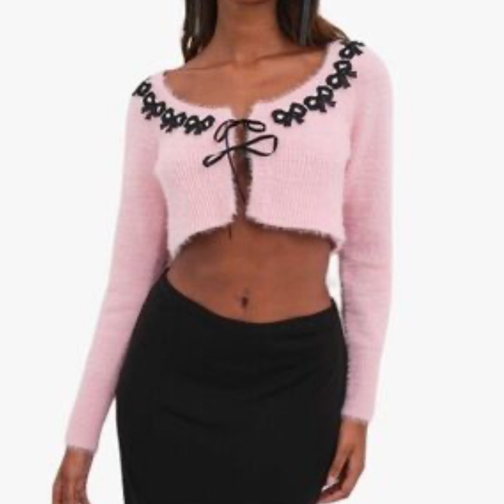 For Love & Lemons Josie Soft Fluffy Pink Bow Cardigan Sweater size small NWT